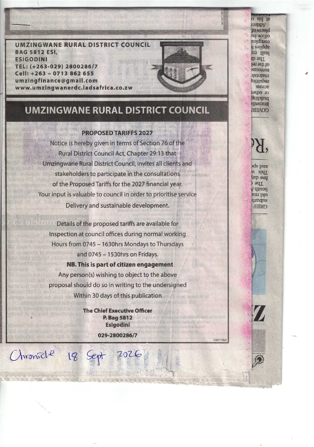 2027 ADVERT PROPOSED TARIFFS